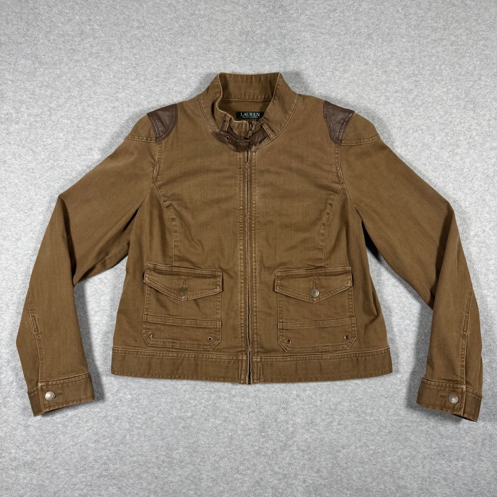Lauren Ralph Lauren Utility Jacket Womens 16 Brown Leather Trim Moto Twill